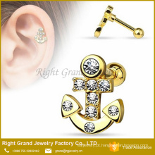 Tragus Barbell banhado a ouro prateado / CZ pavimentada âncora brinco aço cirúrgico Stud